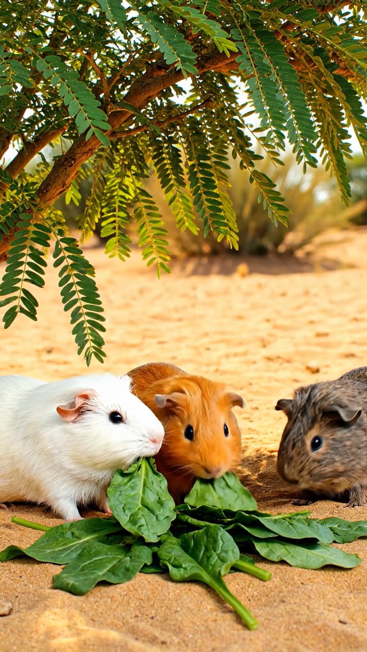 1673. Realistic image of 3 smooth-haired Peruvian guinea pigs with white, orange, and gray fur, munching on spinach leaves, under a shady acacia tree oasis.