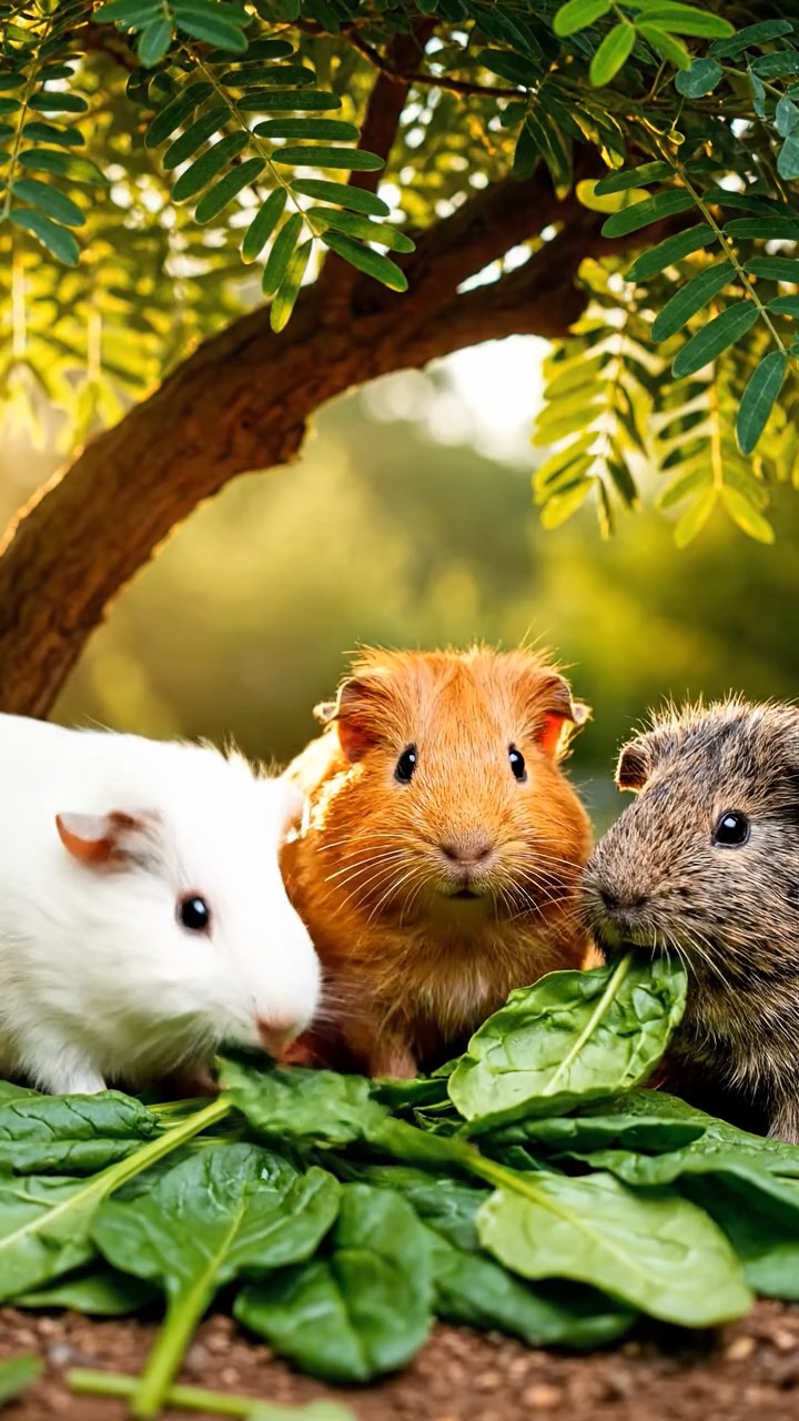 1673. Realistic image of 3 smooth-haired Peruvian guinea pigs with white, orange, and gray fur, munching on spinach leaves, under a shady acacia tree oasis.