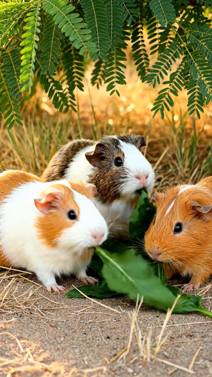 1673. Realistic image of 3 smooth-haired Peruvian guinea pigs with white, orange, and gray fur, munching on spinach leaves, under a shady acacia tree oasis.