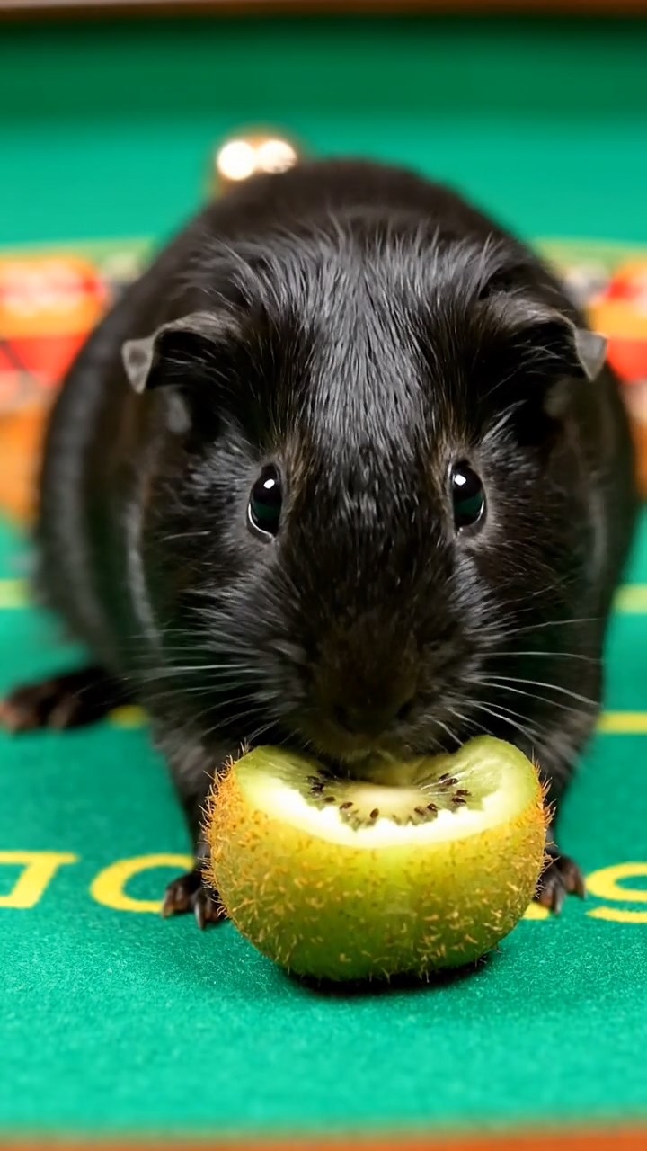 1674. Highly detailed view of 1 smooth-haired Silkie guinea pig with black fur, eating kiwi peels, on a roulette wheel table felt.