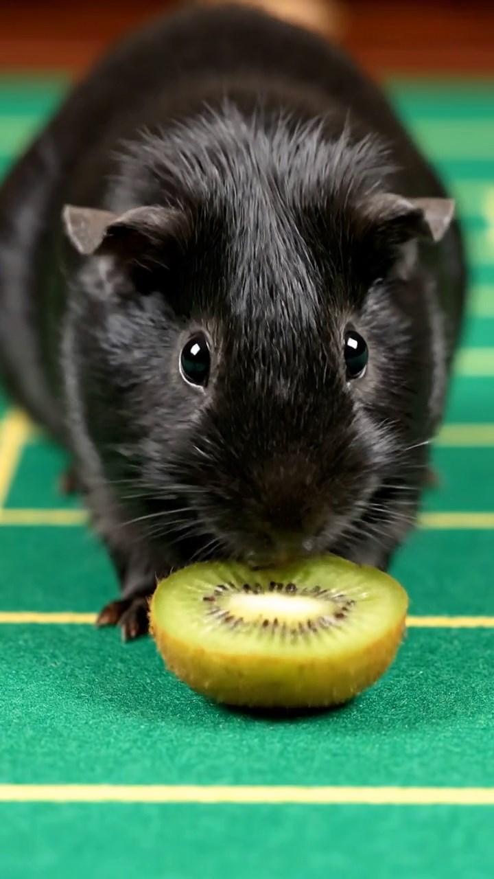 1674. Highly detailed view of 1 smooth-haired Silkie guinea pig with black fur, eating kiwi peels, on a roulette wheel table felt.