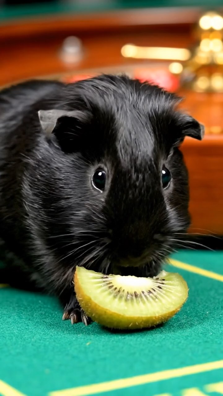 1674. Highly detailed view of 1 smooth-haired Silkie guinea pig with black fur, eating kiwi peels, on a roulette wheel table felt.
