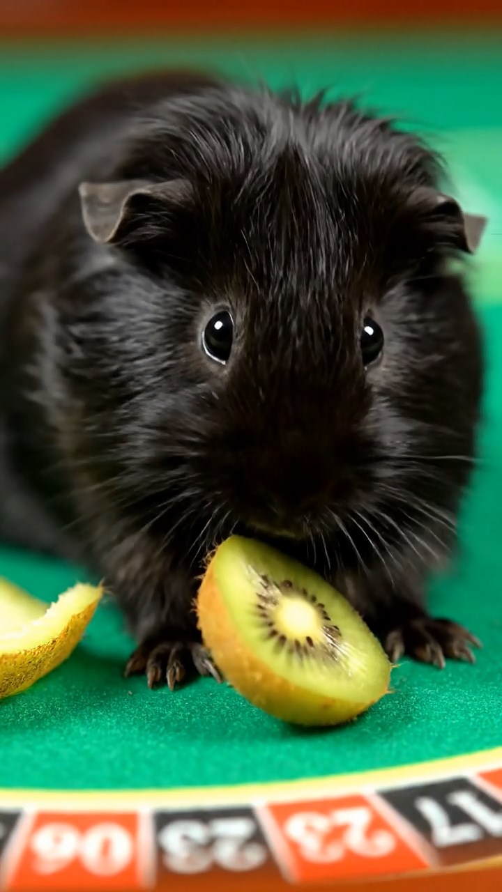 1674. Highly detailed view of 1 smooth-haired Silkie guinea pig with black fur, eating kiwi peels, on a roulette wheel table felt.
