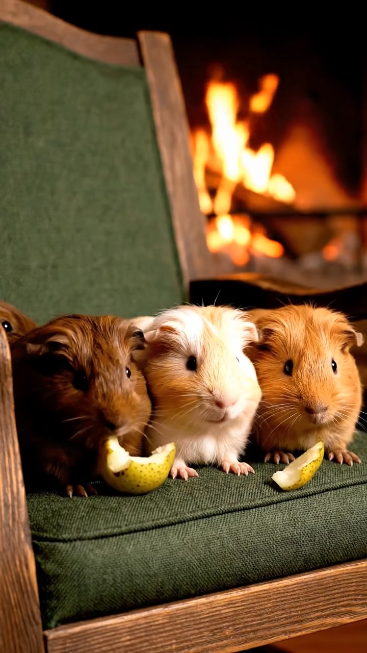 1675. Photorealistic scene of 5 smooth-haired Teddy guinea pigs in brown, cream, and fawn colors, nibbling on pear skins, in a lodge armchair by hearth.