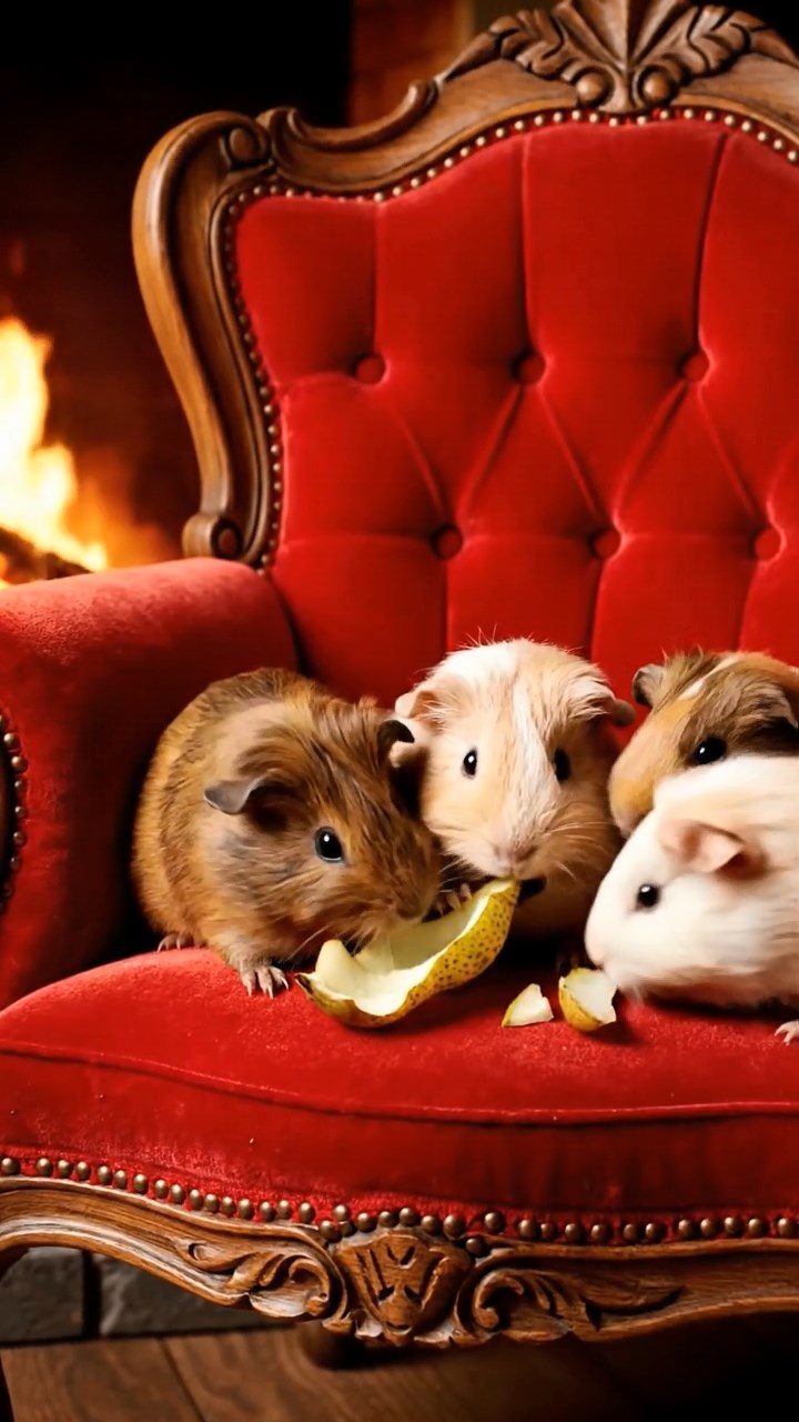 1675. Photorealistic scene of 5 smooth-haired Teddy guinea pigs in brown, cream, and fawn colors, nibbling on pear skins, in a lodge armchair by hearth.