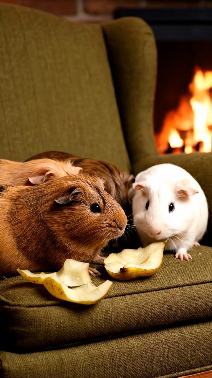1675. Photorealistic scene of 5 smooth-haired Teddy guinea pigs in brown, cream, and fawn colors, nibbling on pear skins, in a lodge armchair by hearth.