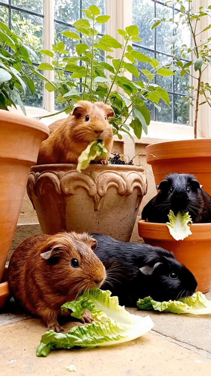 1676. Realistic depiction of 4 smooth-haired Texel guinea pigs with chocolate, cinnamon, and sable fur, chewing on romaine salads, among flower pots in conservatory.