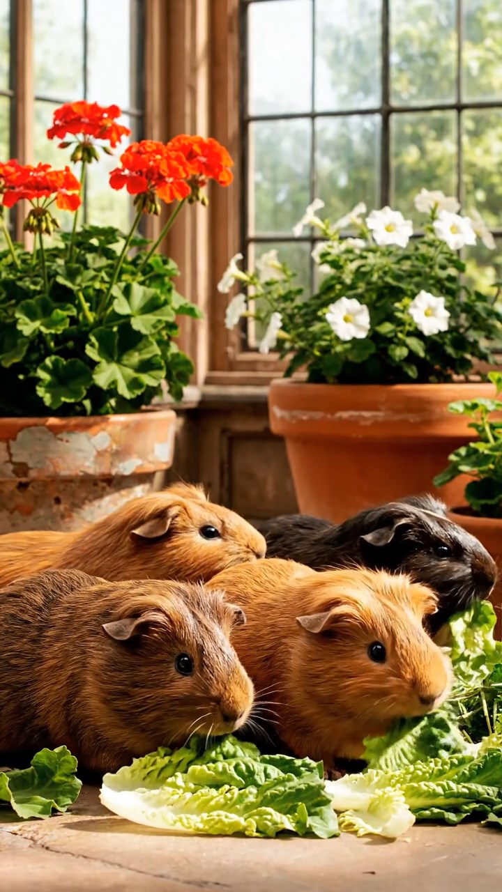 1676. Realistic depiction of 4 smooth-haired Texel guinea pigs with chocolate, cinnamon, and sable fur, chewing on romaine salads, among flower pots in conservatory.
