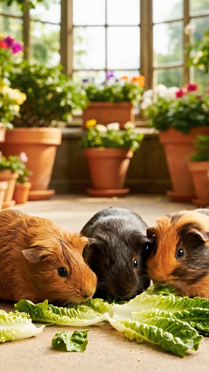 1676. Realistic depiction of 4 smooth-haired Texel guinea pigs with chocolate, cinnamon, and sable fur, chewing on romaine salads, among flower pots in conservatory.