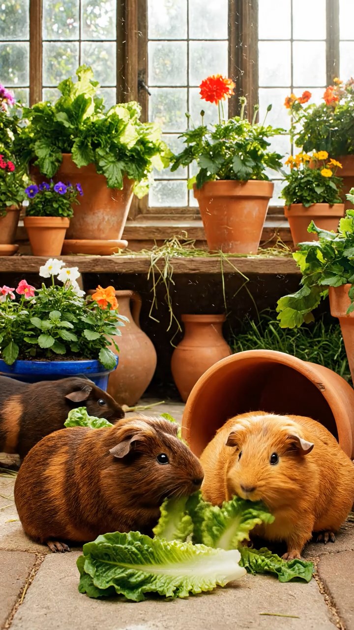 1676. Realistic depiction of 4 smooth-haired Texel guinea pigs with chocolate, cinnamon, and sable fur, chewing on romaine salads, among flower pots in conservatory.