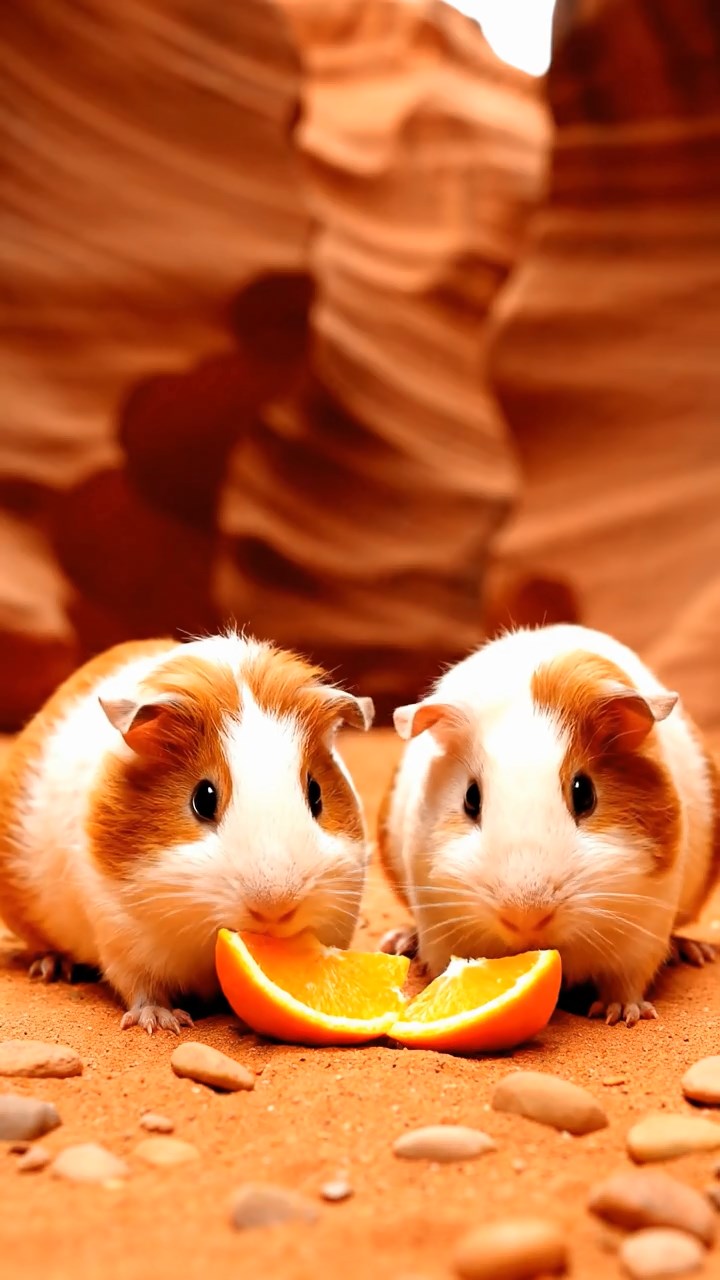 1677. Detailed photo of 2 smooth-haired Rex guinea pigs featuring white and orange coats, sharing orange slices, on a slot canyon sandy floor.