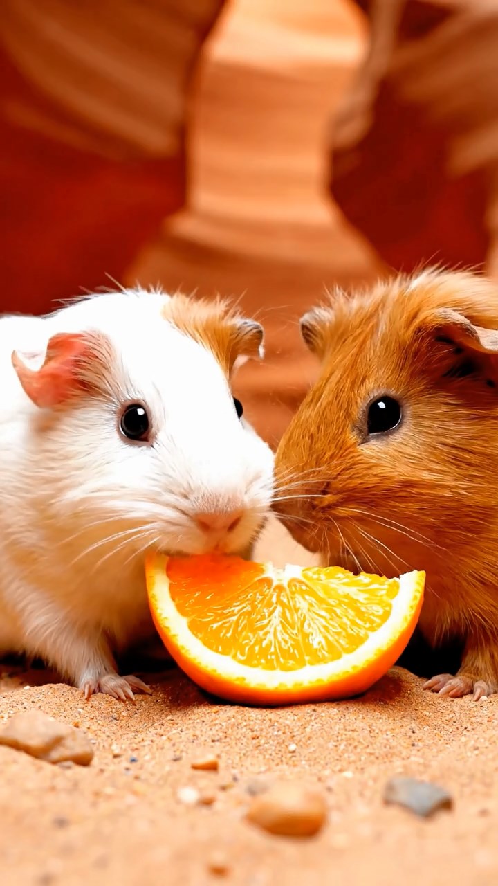 1677. Detailed photo of 2 smooth-haired Rex guinea pigs featuring white and orange coats, sharing orange slices, on a slot canyon sandy floor.