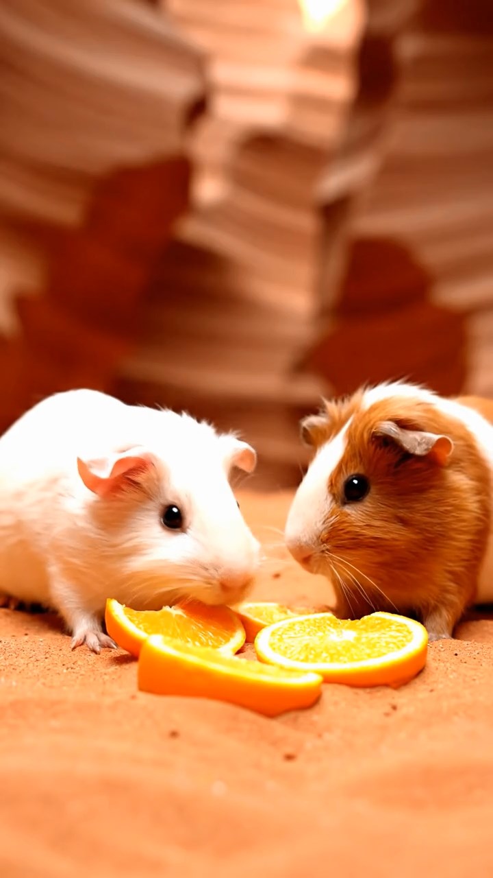 1677. Detailed photo of 2 smooth-haired Rex guinea pigs featuring white and orange coats, sharing orange slices, on a slot canyon sandy floor.