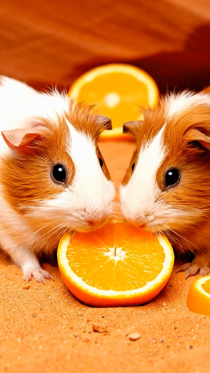 1677. Detailed photo of 2 smooth-haired Rex guinea pigs featuring white and orange coats, sharing orange slices, on a slot canyon sandy floor.