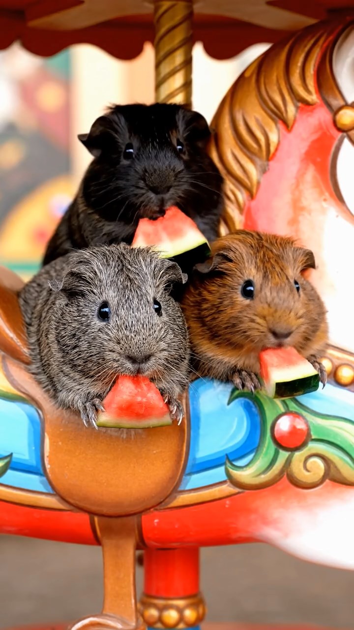 1678. Photorealistic image of 3 smooth-haired Coronet guinea pigs with gray, black, and brown fur, munching on watermelon chunks, inside a merry-go-round horse.