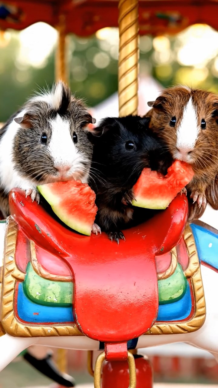 1678. Photorealistic image of 3 smooth-haired Coronet guinea pigs with gray, black, and brown fur, munching on watermelon chunks, inside a merry-go-round horse.