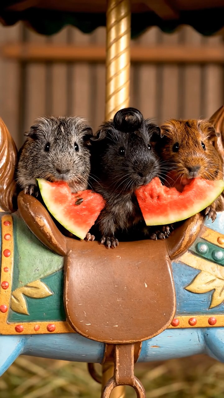 1678. Photorealistic image of 3 smooth-haired Coronet guinea pigs with gray, black, and brown fur, munching on watermelon chunks, inside a merry-go-round horse.
