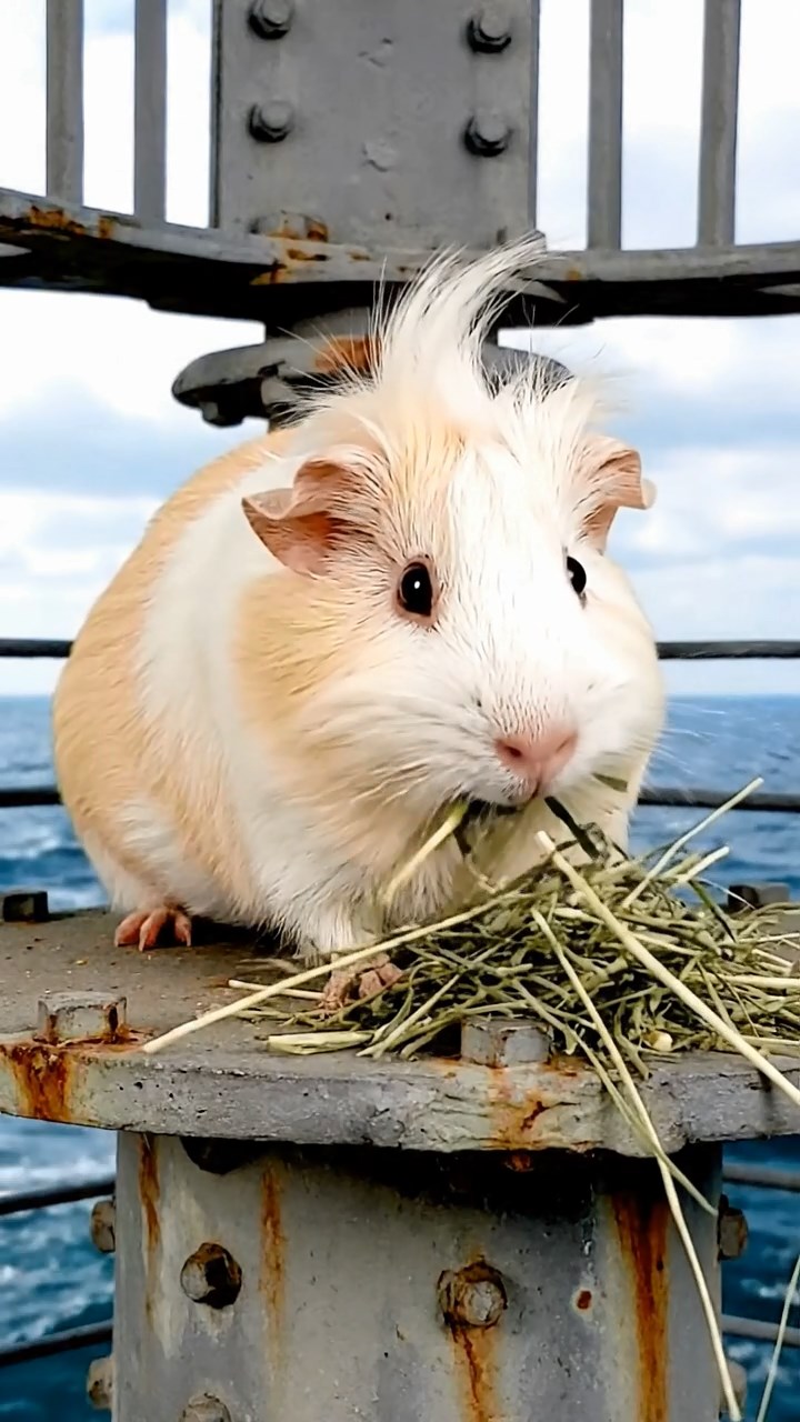 1679. Realistic scene of 1 smooth-haired White Crested guinea pig with cream fur, eating timothy hay, on a conning tower radar array.