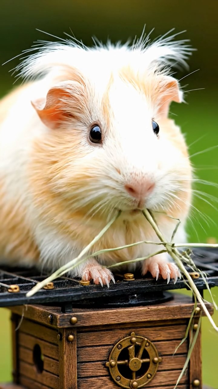 1679. Realistic scene of 1 smooth-haired White Crested guinea pig with cream fur, eating timothy hay, on a conning tower radar array.