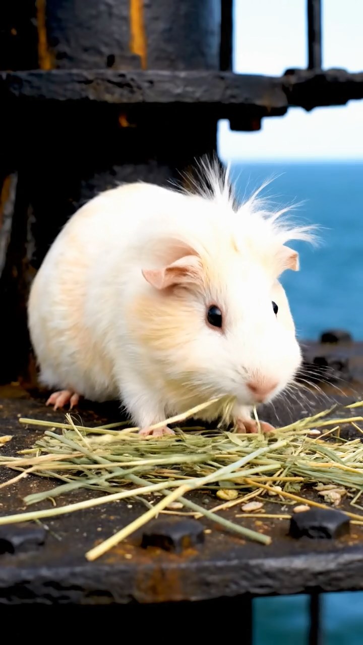 1679. Realistic scene of 1 smooth-haired White Crested guinea pig with cream fur, eating timothy hay, on a conning tower radar array.
