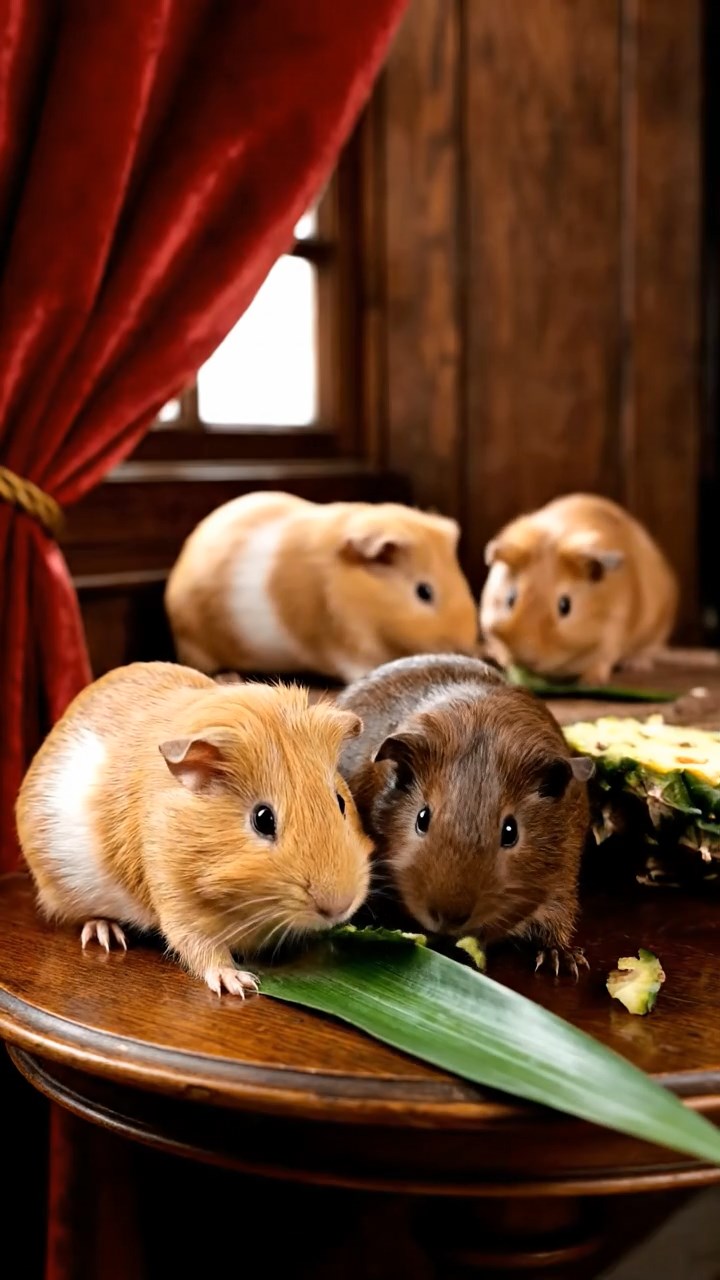 1680. Highly detailed view of 4 smooth-haired Skinny guinea pigs in fawn, chocolate, and cinnamon colors, nibbling on pineapple leaves, in a quiet reading alcove.