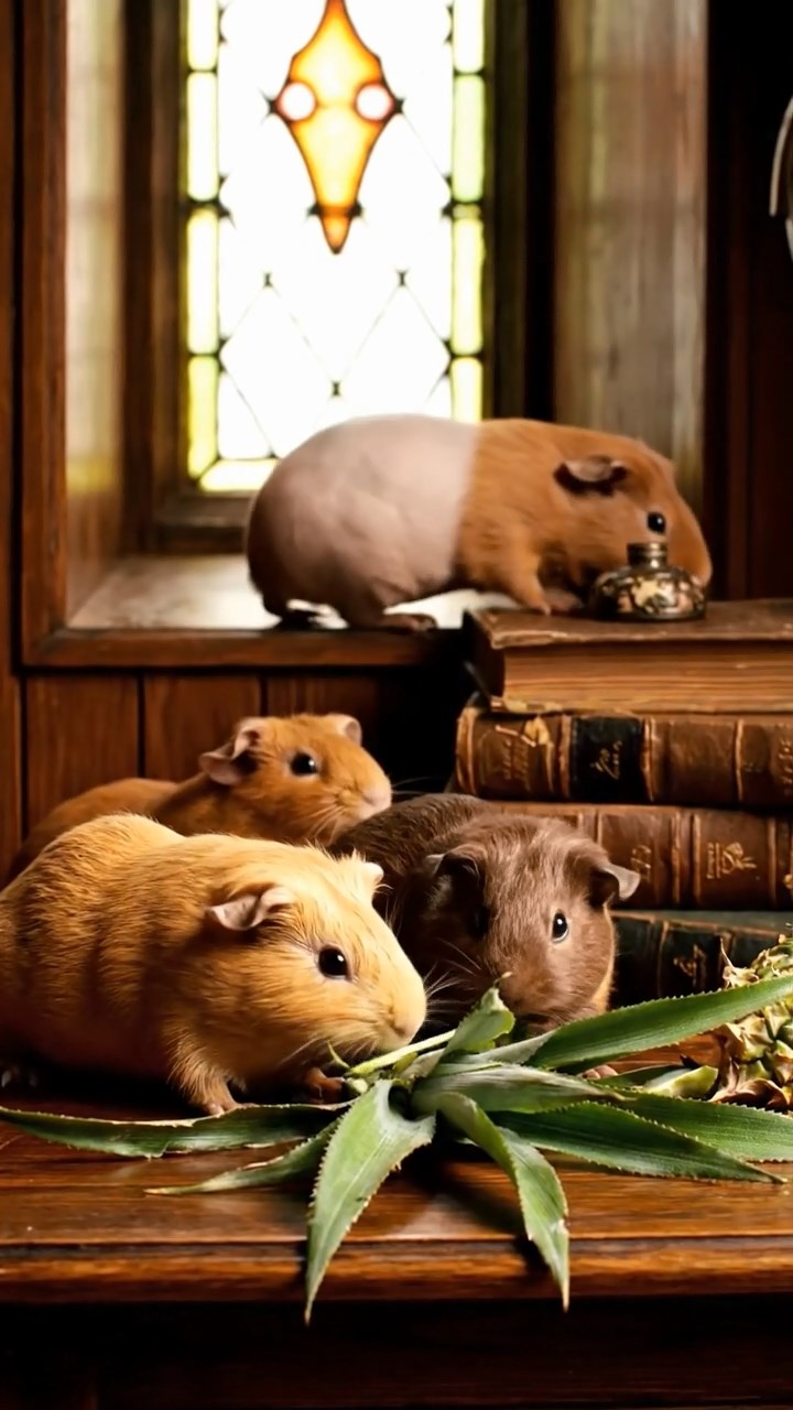 1680. Highly detailed view of 4 smooth-haired Skinny guinea pigs in fawn, chocolate, and cinnamon colors, nibbling on pineapple leaves, in a quiet reading alcove.