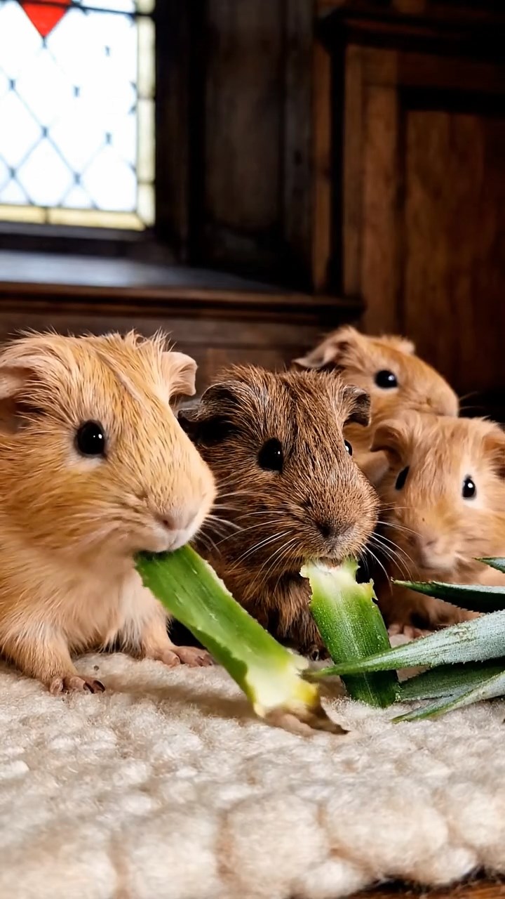 1680. Highly detailed view of 4 smooth-haired Skinny guinea pigs in fawn, chocolate, and cinnamon colors, nibbling on pineapple leaves, in a quiet reading alcove.