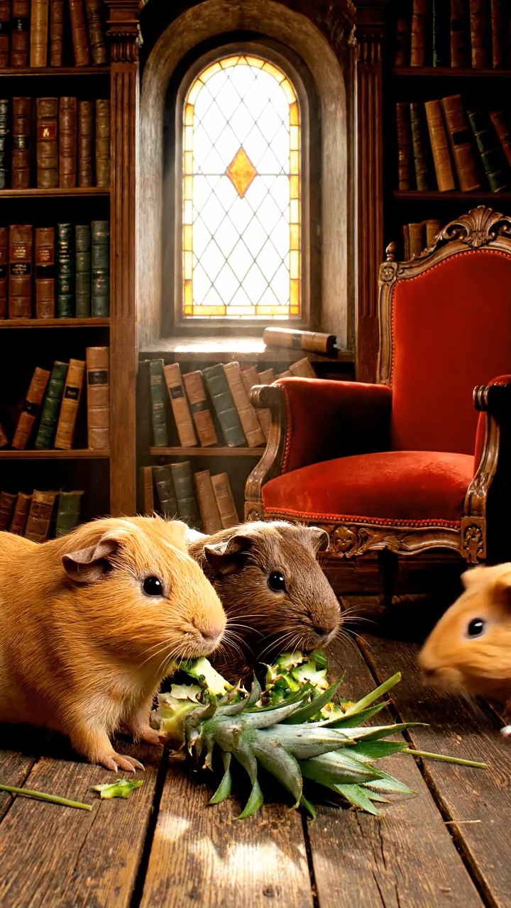 1680. Highly detailed view of 4 smooth-haired Skinny guinea pigs in fawn, chocolate, and cinnamon colors, nibbling on pineapple leaves, in a quiet reading alcove.