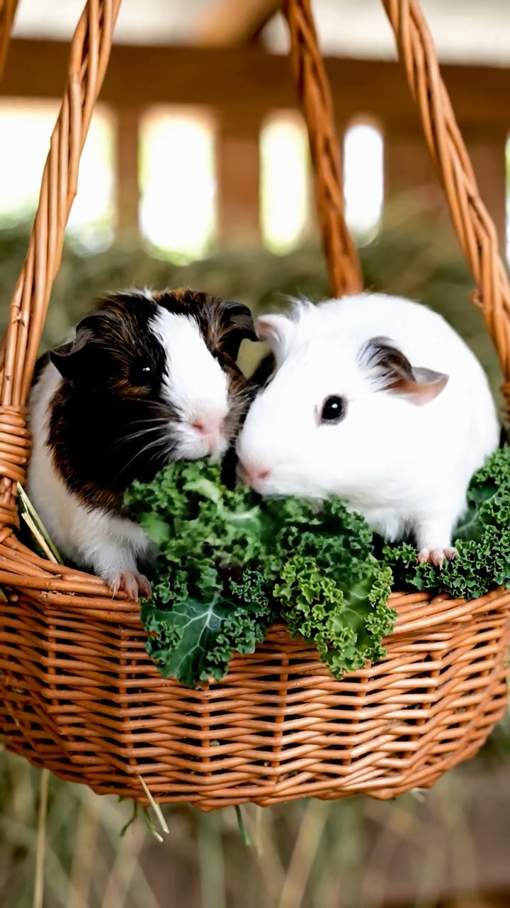 1681. Photorealistic photo of 2 smooth-haired American guinea pigs with sable and white fur, chewing on kale bunches, inside a wicker aerial basket.