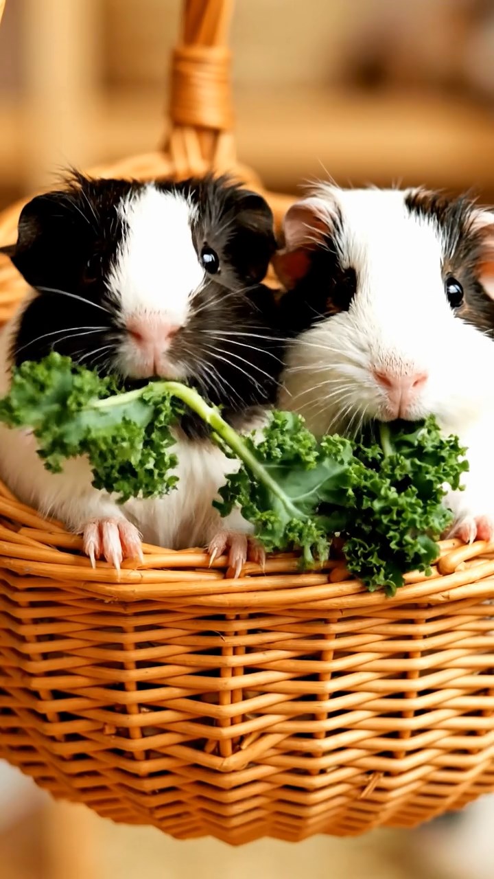 1681. Photorealistic photo of 2 smooth-haired American guinea pigs with sable and white fur, chewing on kale bunches, inside a wicker aerial basket.