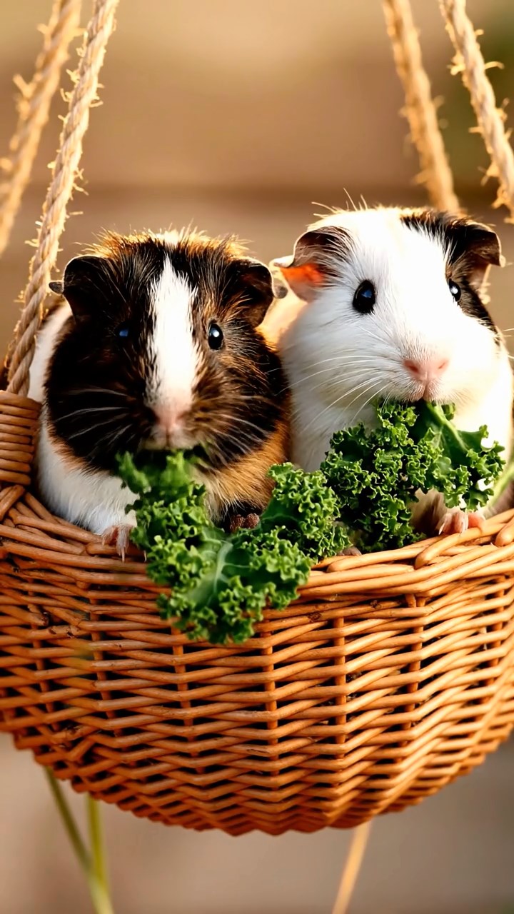1681. Photorealistic photo of 2 smooth-haired American guinea pigs with sable and white fur, chewing on kale bunches, inside a wicker aerial basket.