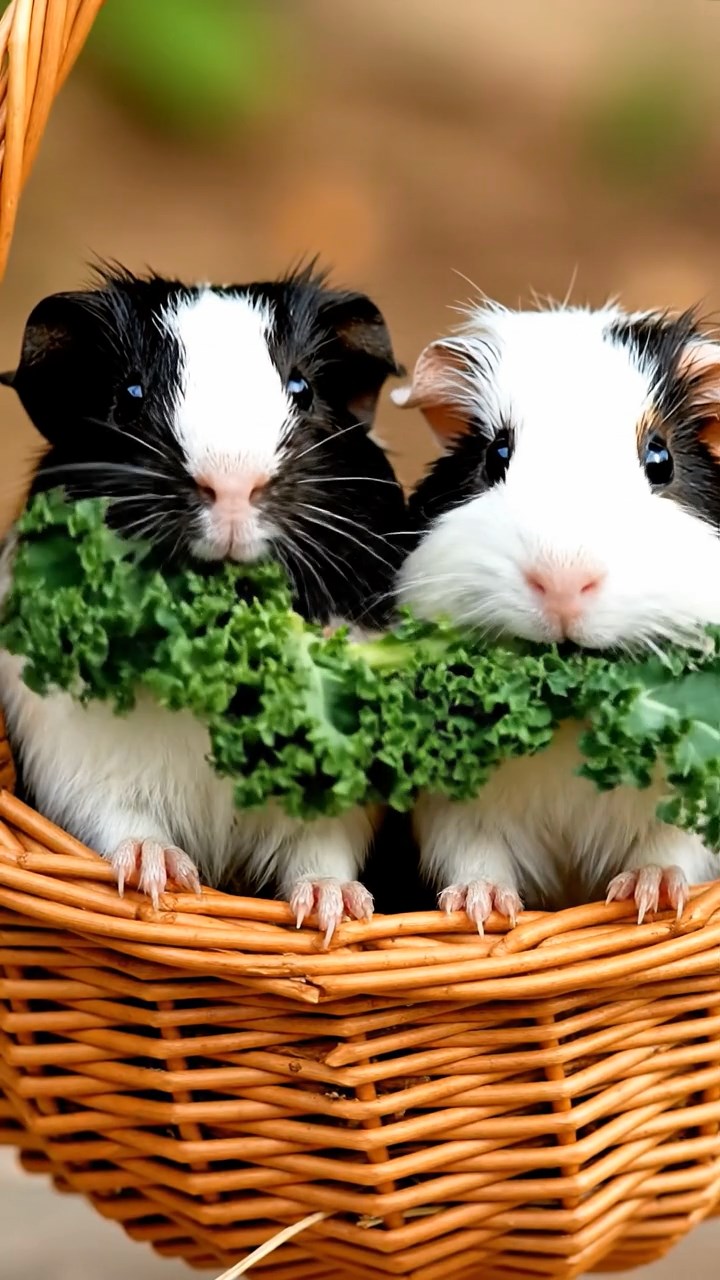 1681. Photorealistic photo of 2 smooth-haired American guinea pigs with sable and white fur, chewing on kale bunches, inside a wicker aerial basket.