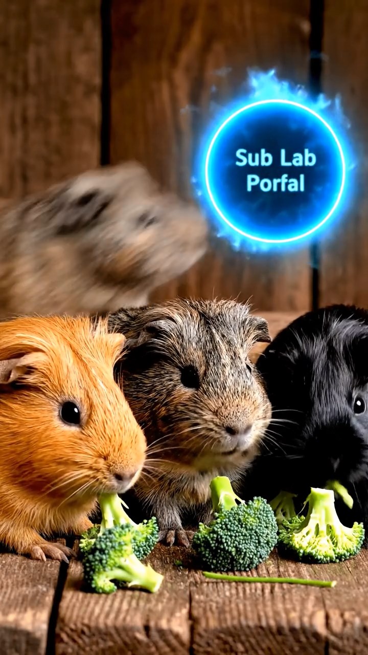 1682. Realistic depiction of 3 smooth-haired Abyssinian guinea pigs featuring orange, gray, and black coats, sharing broccoli heads, viewing a sub lab portal.