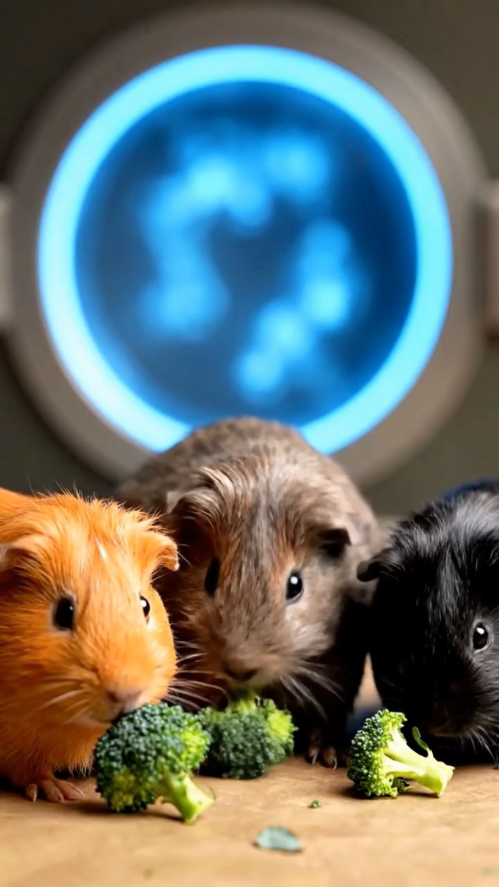 1682. Realistic depiction of 3 smooth-haired Abyssinian guinea pigs featuring orange, gray, and black coats, sharing broccoli heads, viewing a sub lab portal.