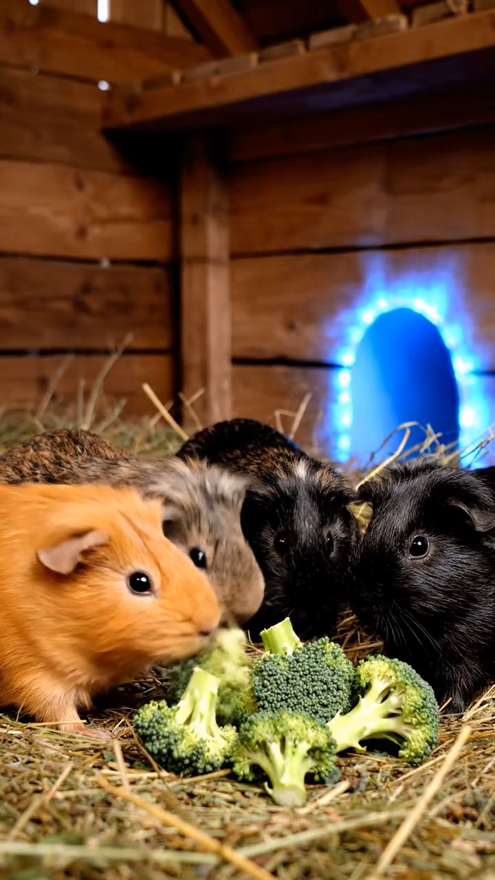 1682. Realistic depiction of 3 smooth-haired Abyssinian guinea pigs featuring orange, gray, and black coats, sharing broccoli heads, viewing a sub lab portal.