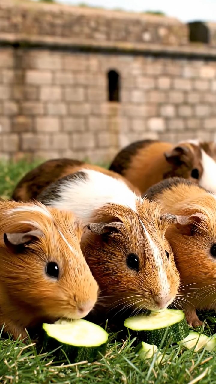 1683. Detailed image of 5 smooth-haired Peruvian guinea pigs with brown, cream, and fawn fur, munching on zucchini slices, by a fortified moat bank.