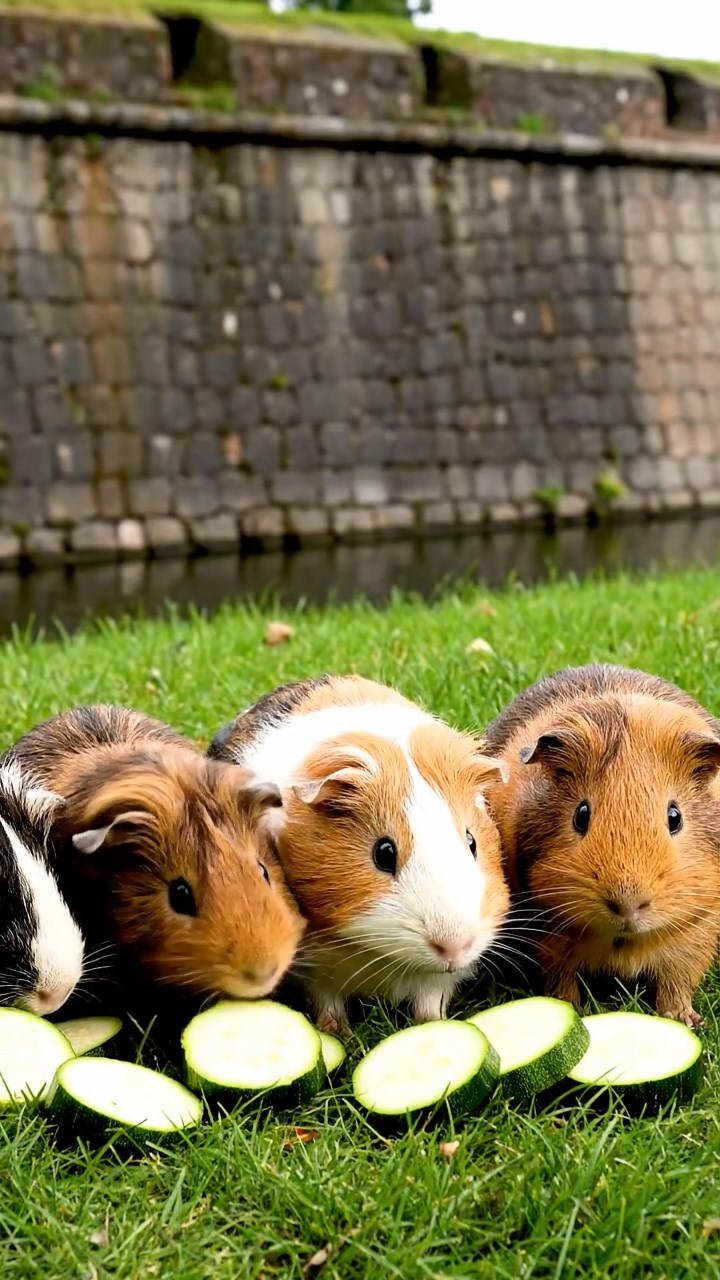 1683. Detailed image of 5 smooth-haired Peruvian guinea pigs with brown, cream, and fawn fur, munching on zucchini slices, by a fortified moat bank.