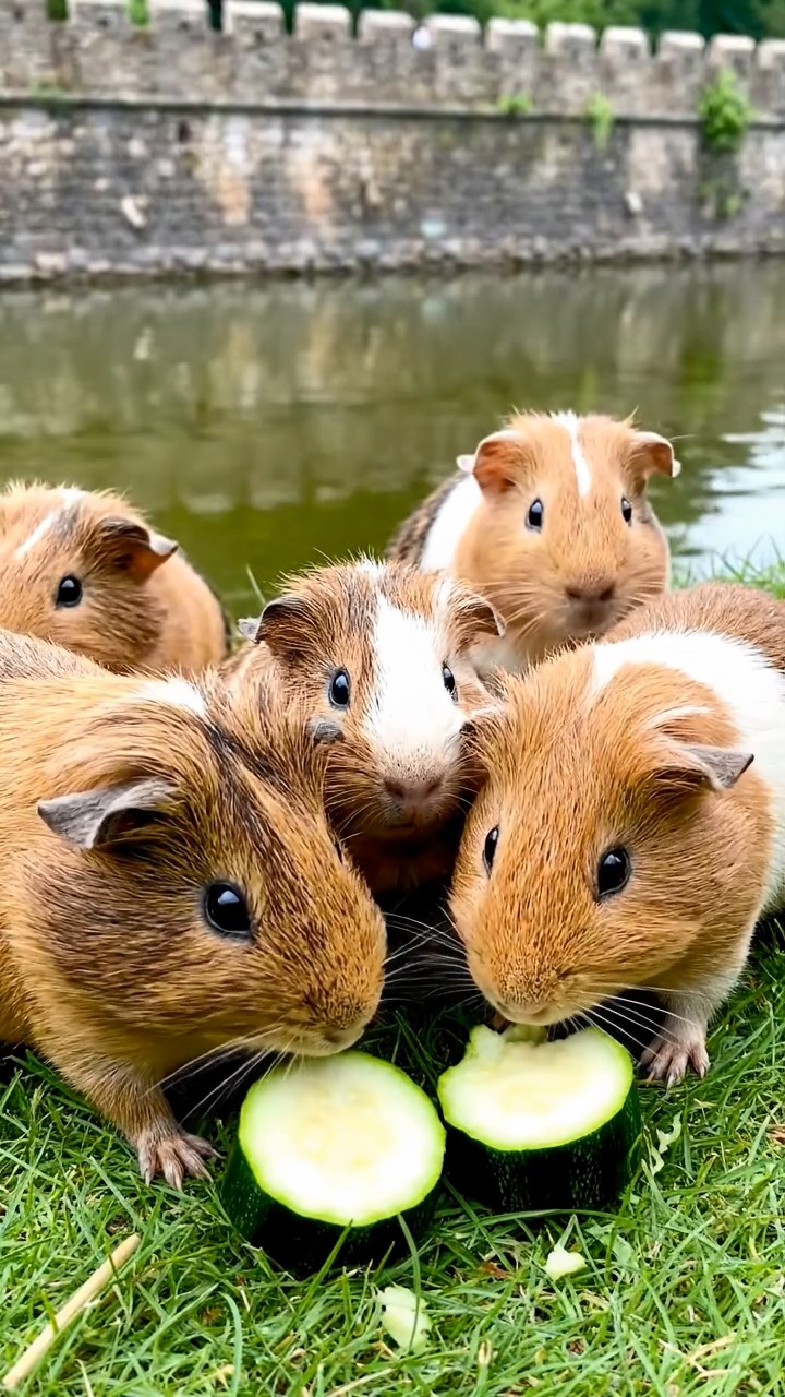 1683. Detailed image of 5 smooth-haired Peruvian guinea pigs with brown, cream, and fawn fur, munching on zucchini slices, by a fortified moat bank.