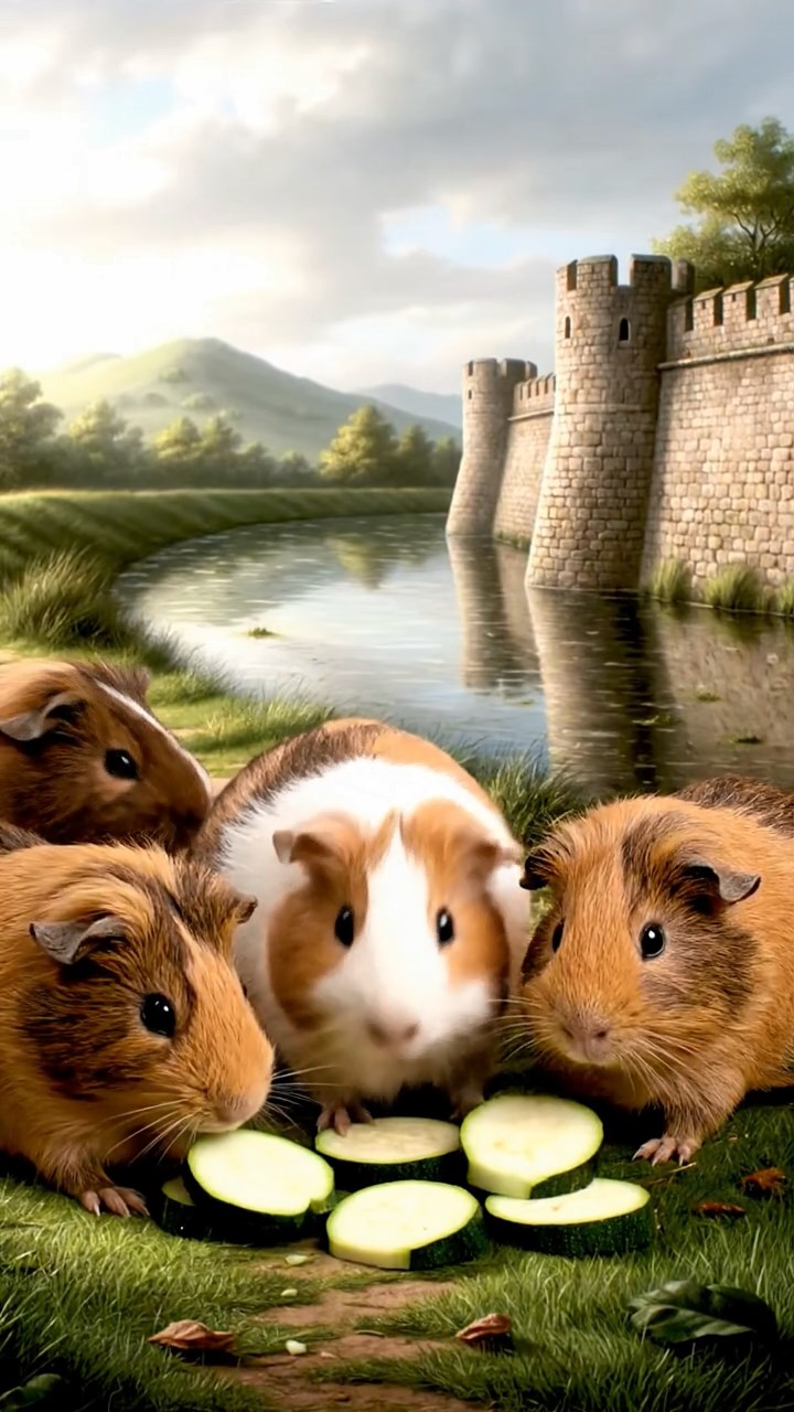 1683. Detailed image of 5 smooth-haired Peruvian guinea pigs with brown, cream, and fawn fur, munching on zucchini slices, by a fortified moat bank.