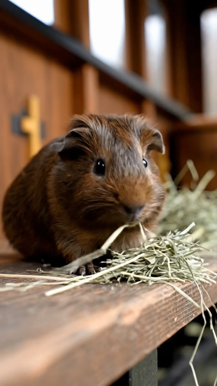 1684. Photorealistic scene of 1 smooth-haired Silkie guinea pig with chocolate fur, eating alfalfa hay, in a caboose wooden bench.