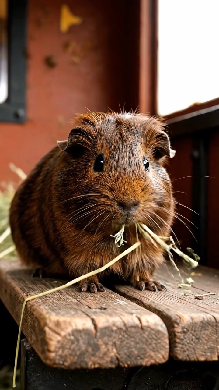 1684. Photorealistic scene of 1 smooth-haired Silkie guinea pig with chocolate fur, eating alfalfa hay, in a caboose wooden bench.