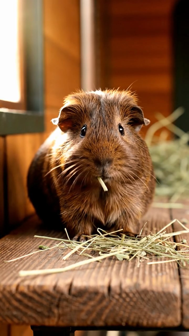 1684. Photorealistic scene of 1 smooth-haired Silkie guinea pig with chocolate fur, eating alfalfa hay, in a caboose wooden bench.