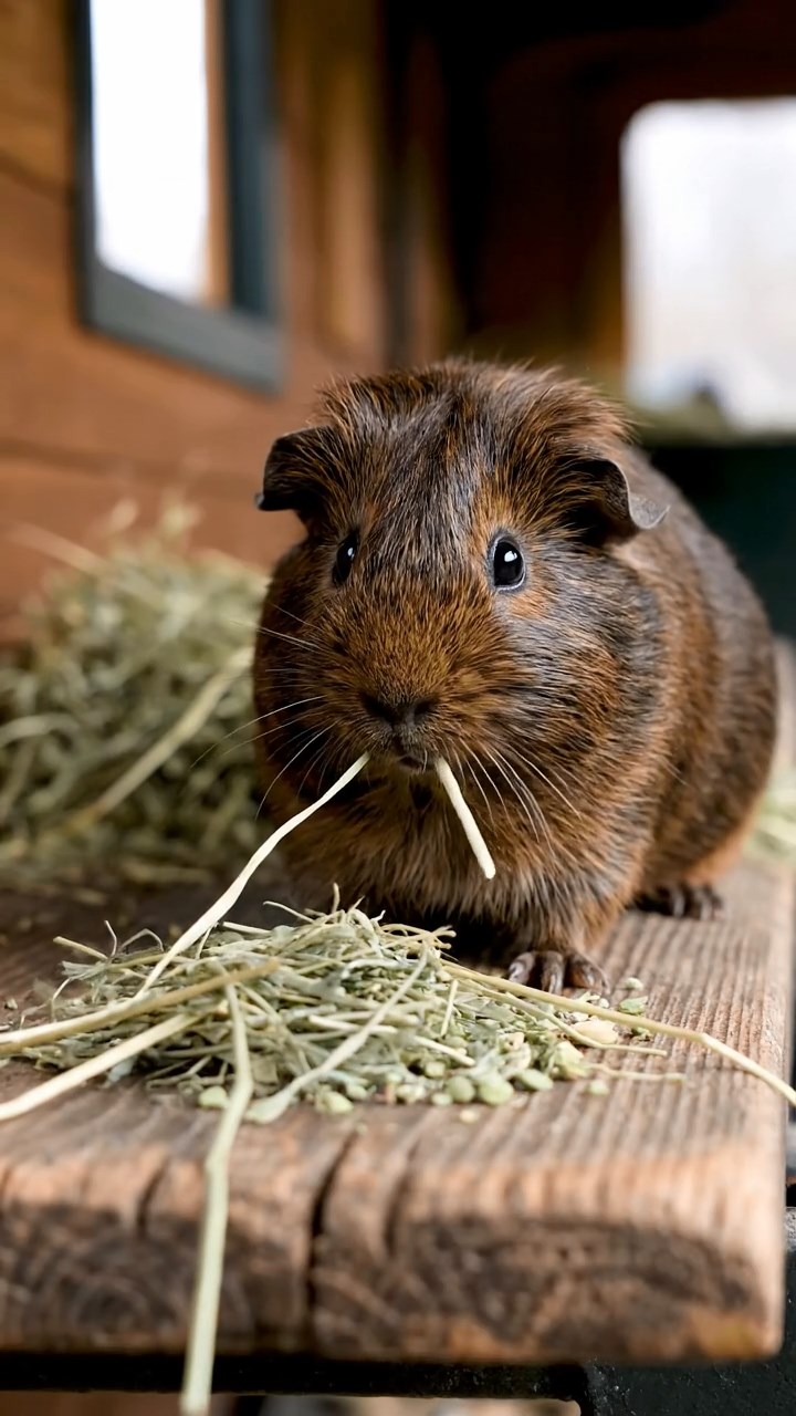 1684. Photorealistic scene of 1 smooth-haired Silkie guinea pig with chocolate fur, eating alfalfa hay, in a caboose wooden bench.