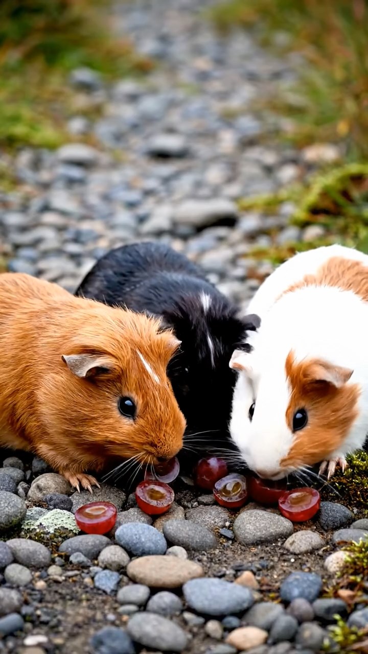 1685. Realistic photo of 4 smooth-haired Teddy guinea pigs in cinnamon, sable, and white colors, nibbling on grape halves, on a moraine rocky trail.