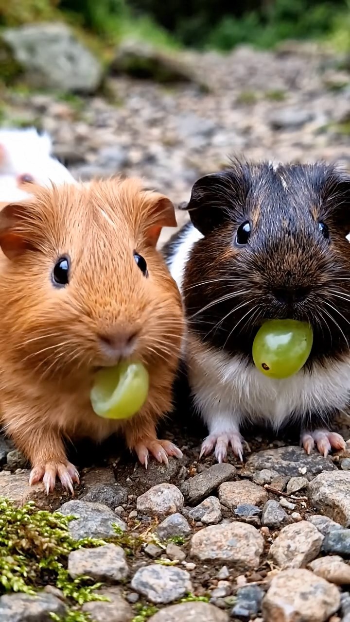 1685. Realistic photo of 4 smooth-haired Teddy guinea pigs in cinnamon, sable, and white colors, nibbling on grape halves, on a moraine rocky trail.