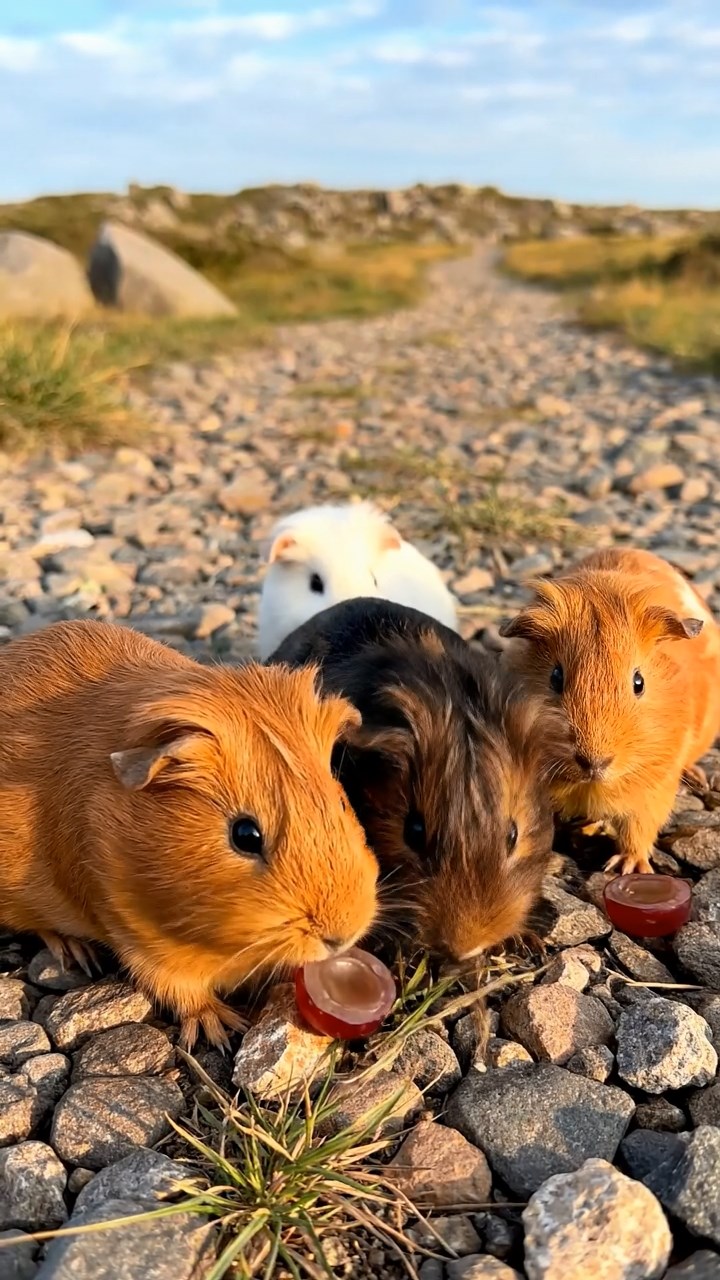 1685. Realistic photo of 4 smooth-haired Teddy guinea pigs in cinnamon, sable, and white colors, nibbling on grape halves, on a moraine rocky trail.