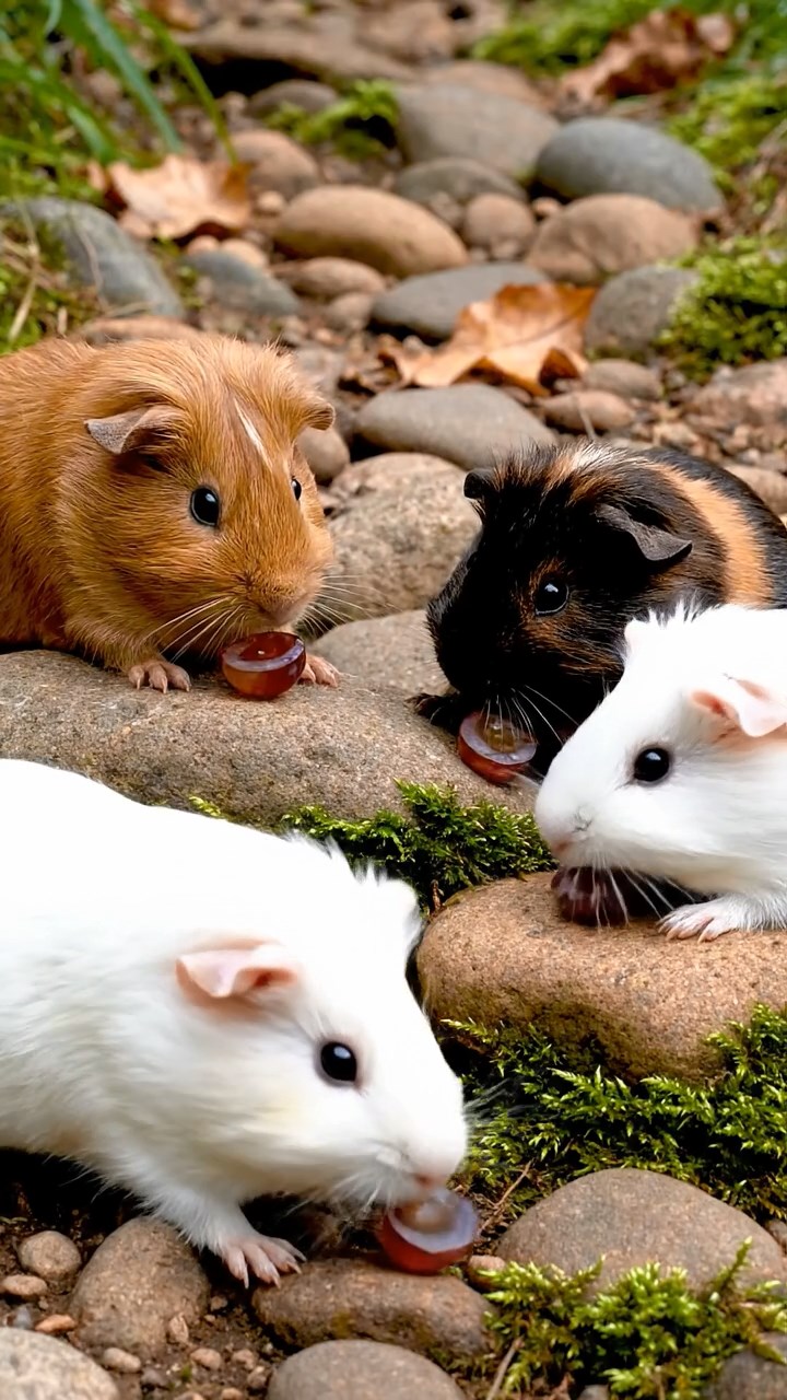 1685. Realistic photo of 4 smooth-haired Teddy guinea pigs in cinnamon, sable, and white colors, nibbling on grape halves, on a moraine rocky trail.