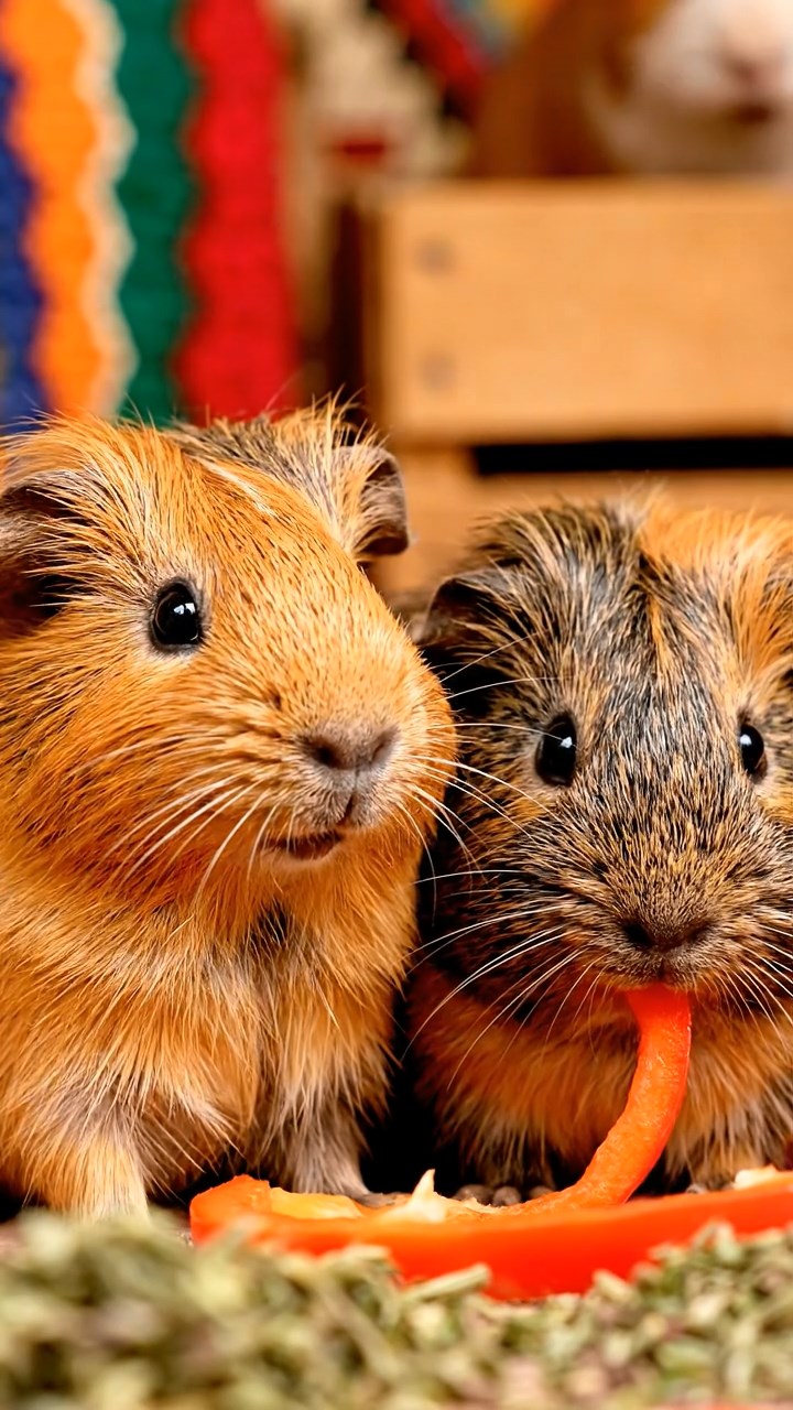 1686. Highly detailed view of 2 smooth-haired Texel guinea pigs with orange and gray fur, chewing on bell pepper strips, in a aromatic bazaar stall.
