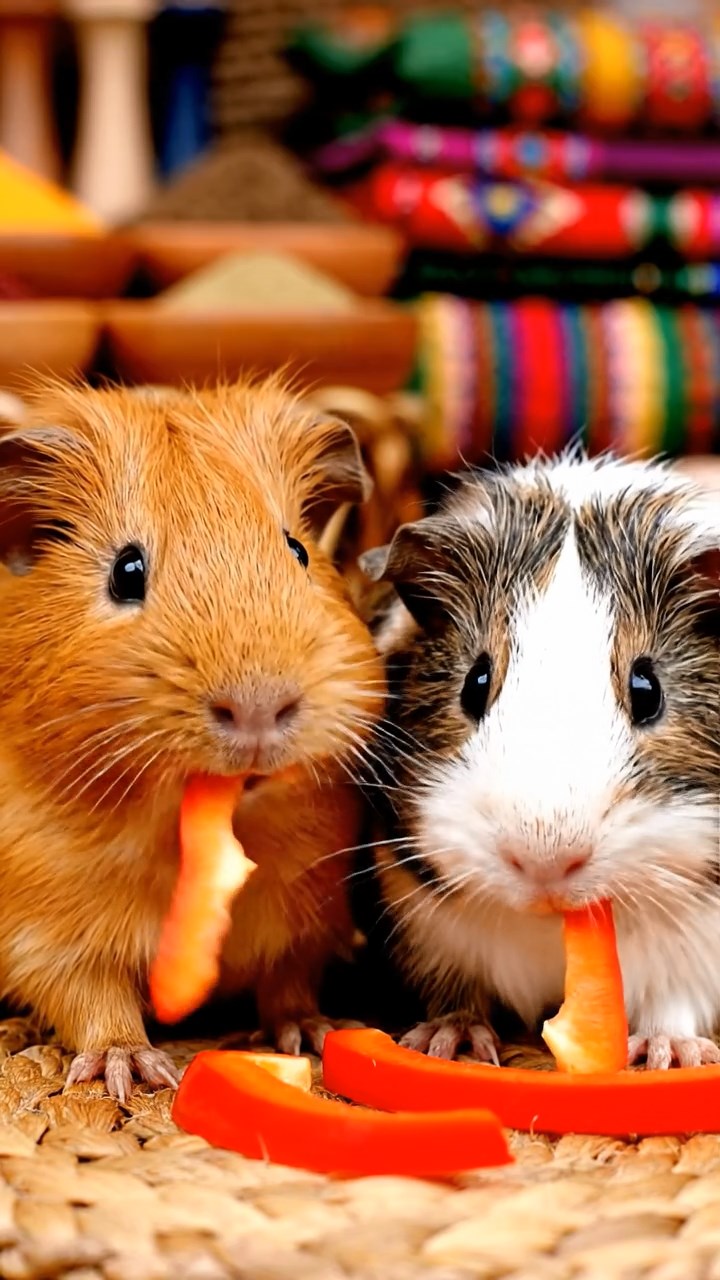 1686. Highly detailed view of 2 smooth-haired Texel guinea pigs with orange and gray fur, chewing on bell pepper strips, in a aromatic bazaar stall.