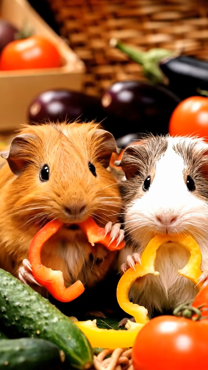 1686. Highly detailed view of 2 smooth-haired Texel guinea pigs with orange and gray fur, chewing on bell pepper strips, in a aromatic bazaar stall.